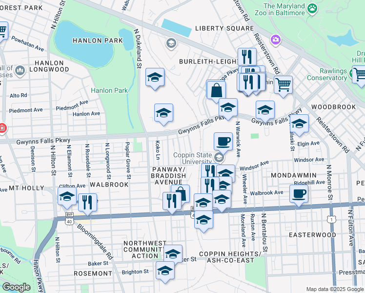 map of restaurants, bars, coffee shops, grocery stores, and more near 2313 Braddish Avenue in Baltimore