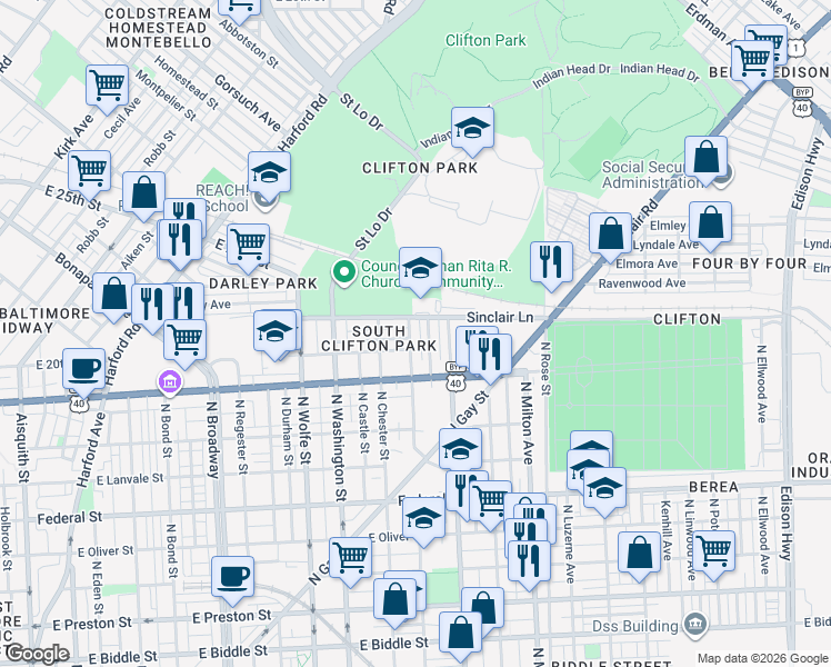 map of restaurants, bars, coffee shops, grocery stores, and more near 1955 North Collington Avenue in Baltimore