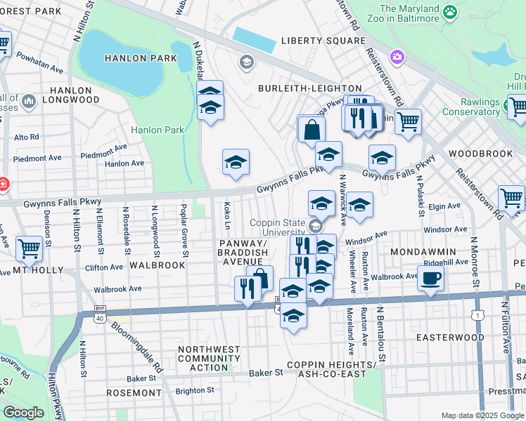 map of restaurants, bars, coffee shops, grocery stores, and more near 2313 Braddish Avenue in Baltimore