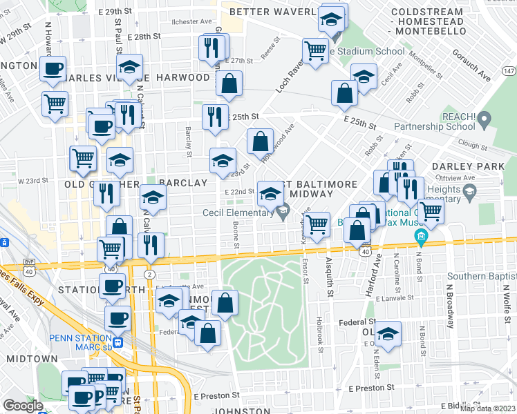 map of restaurants, bars, coffee shops, grocery stores, and more near 2117 Homewood Avenue in Baltimore