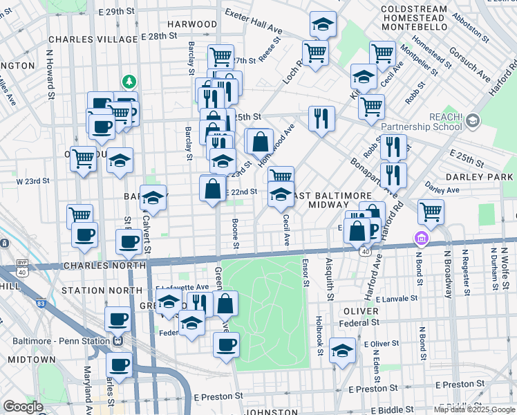 map of restaurants, bars, coffee shops, grocery stores, and more near 2117 Homewood Avenue in Baltimore