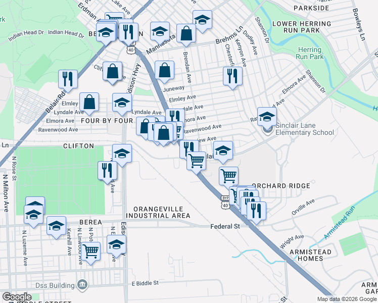 map of restaurants, bars, coffee shops, grocery stores, and more near 4104 Erdman Avenue in Baltimore