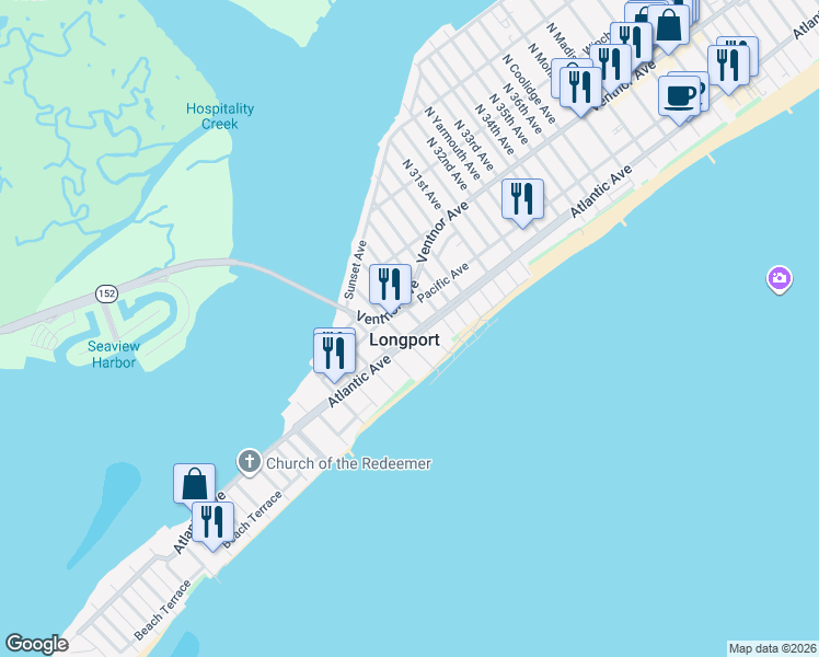 map of restaurants, bars, coffee shops, grocery stores, and more near in Longport