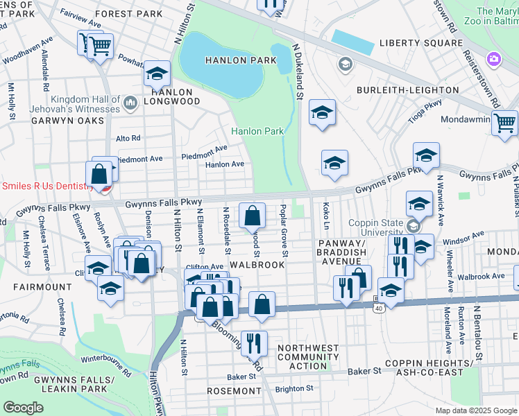 map of restaurants, bars, coffee shops, grocery stores, and more near 2325 North Longwood Street in Baltimore
