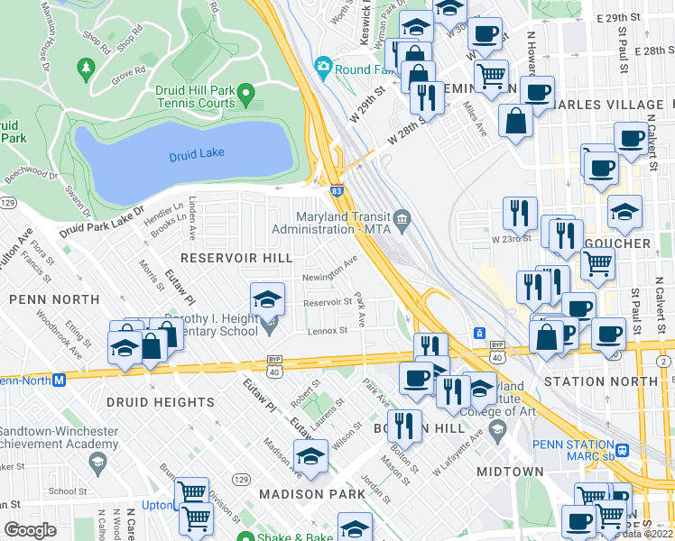 map of restaurants, bars, coffee shops, grocery stores, and more near Park Ave & Newington Ave in Baltimore