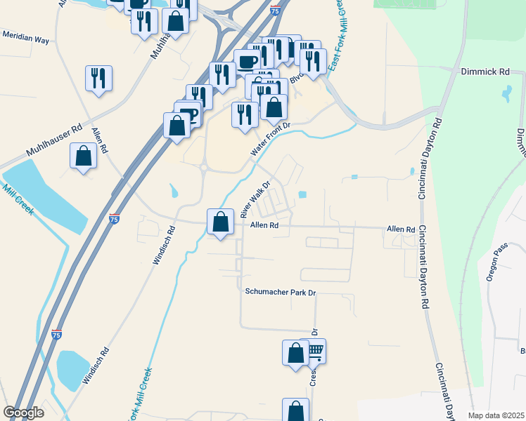map of restaurants, bars, coffee shops, grocery stores, and more near 9570 Union Park in Butler County