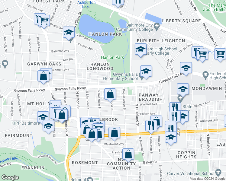 map of restaurants, bars, coffee shops, grocery stores, and more near 2325 North Longwood Street in Baltimore