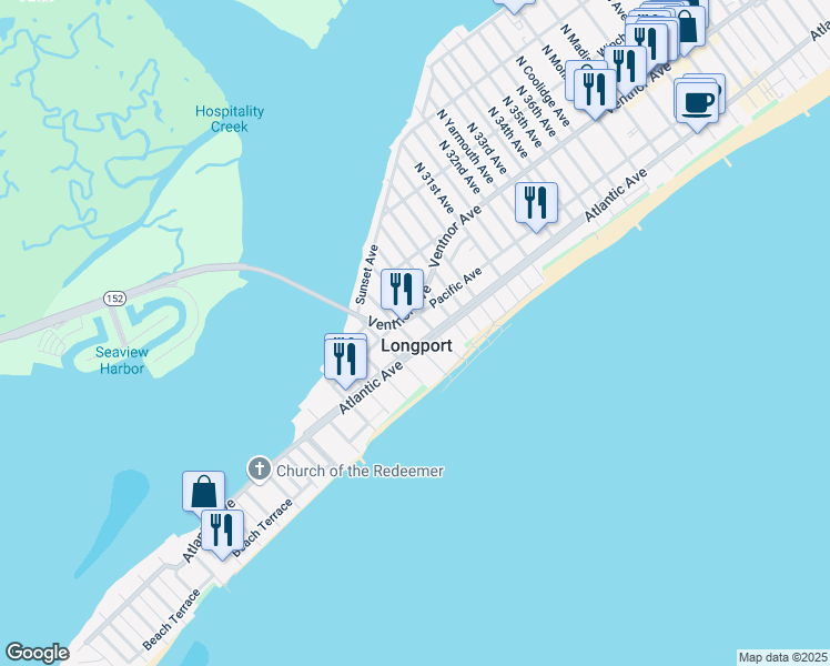 map of restaurants, bars, coffee shops, grocery stores, and more near in Longport