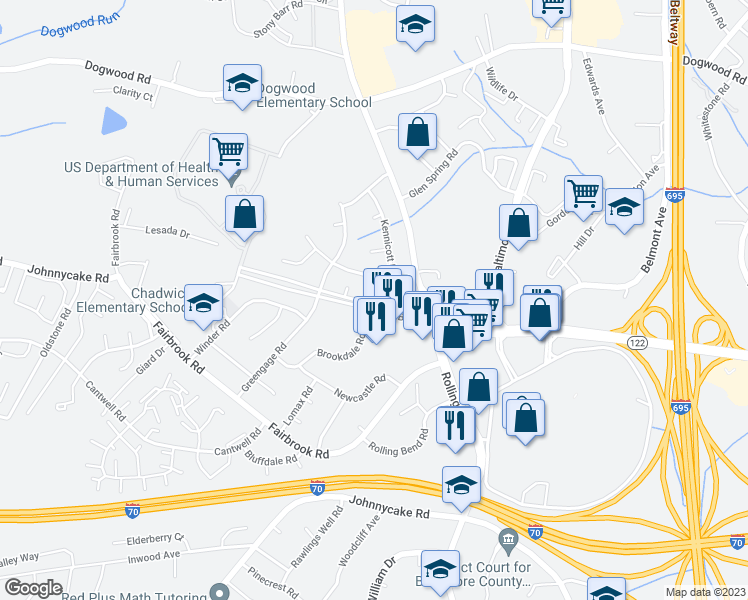 map of restaurants, bars, coffee shops, grocery stores, and more near 1 Lenis Court in Woodlawn