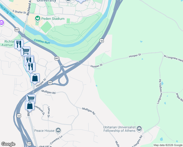map of restaurants, bars, coffee shops, grocery stores, and more near 10 Nottingham Drive in Athens