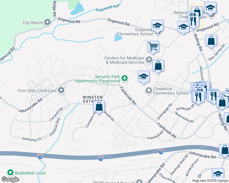 map of restaurants, bars, coffee shops, grocery stores, and more near 7 Kimberlys Court in Baltimore