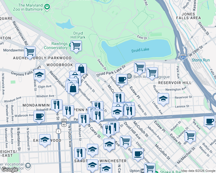 map of restaurants, bars, coffee shops, grocery stores, and more near 2572 McCulloh Street in Baltimore