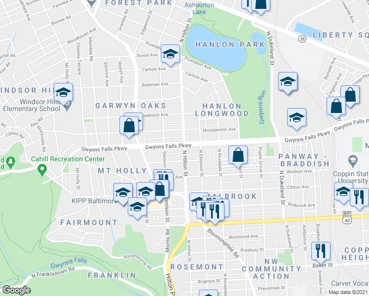 map of restaurants, bars, coffee shops, grocery stores, and more near North Hilton Street in Baltimore