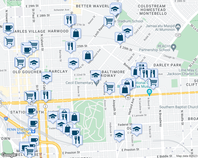 map of restaurants, bars, coffee shops, grocery stores, and more near 2200 Cecil Avenue in Baltimore