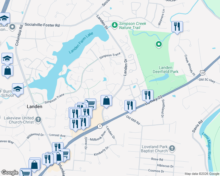 map of restaurants, bars, coffee shops, grocery stores, and more near 8390 Old Orchard Lane in Maineville