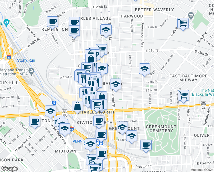 map of restaurants, bars, coffee shops, grocery stores, and more near 2125 Saint Paul Street in Baltimore