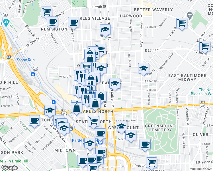 map of restaurants, bars, coffee shops, grocery stores, and more near 2125 St Paul St in Baltimore