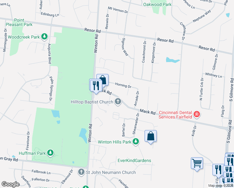 map of restaurants, bars, coffee shops, grocery stores, and more near 2425 Mack Road in Fairfield