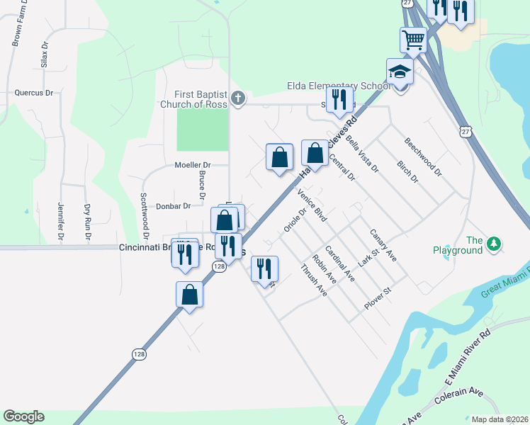 map of restaurants, bars, coffee shops, grocery stores, and more near 4246 Oriole Drive in Fairfield