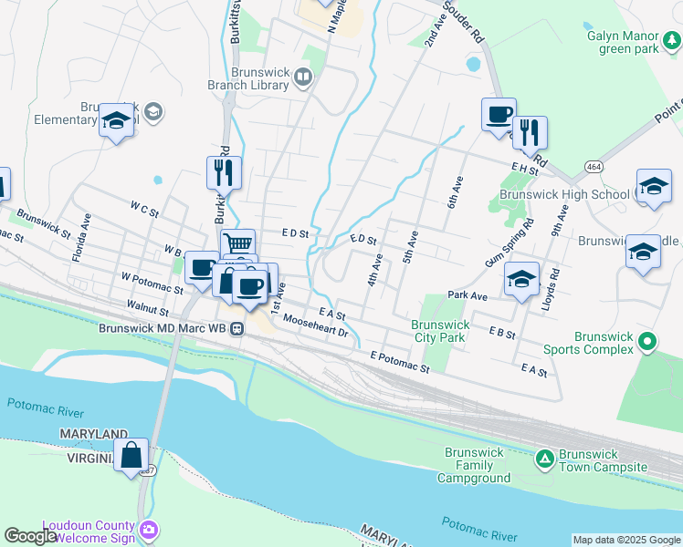 map of restaurants, bars, coffee shops, grocery stores, and more near 21 Terrace Avenue in Brunswick
