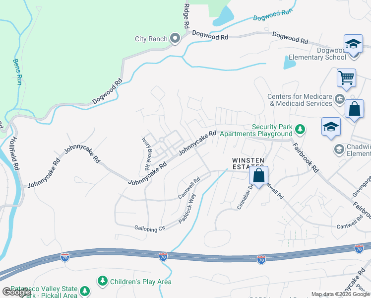 map of restaurants, bars, coffee shops, grocery stores, and more near 7760 Johnnycake Road in Woodlawn