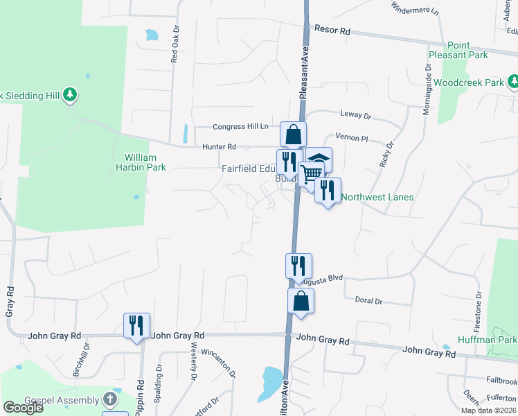 map of restaurants, bars, coffee shops, grocery stores, and more near 1555 Gelhot Drive in Fairfield