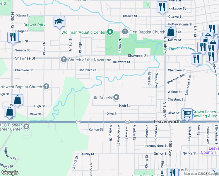 map of restaurants, bars, coffee shops, grocery stores, and more near 1373 Sherman Avenue in Leavenworth
