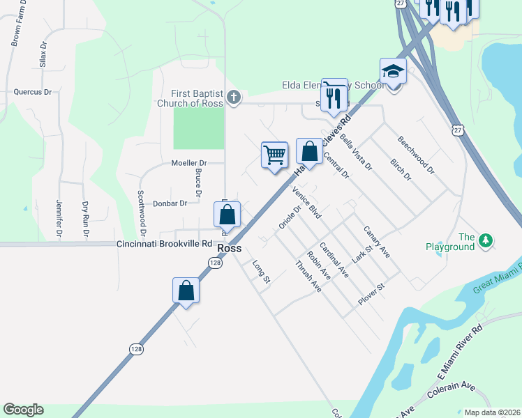 map of restaurants, bars, coffee shops, grocery stores, and more near 4246 Oriole Drive in Fairfield