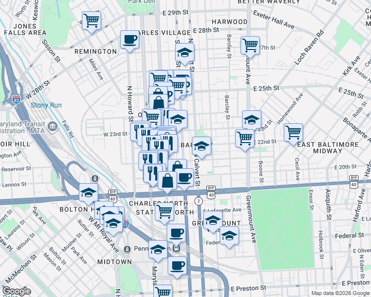 map of restaurants, bars, coffee shops, grocery stores, and more near 2127 Saint Paul Street in Baltimore