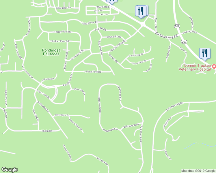 map of restaurants, bars, coffee shops, grocery stores, and more near 9237 Heartwood Drive in Truckee