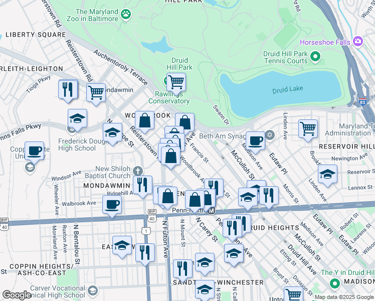 map of restaurants, bars, coffee shops, grocery stores, and more near 2235 North Fulton Avenue in Baltimore