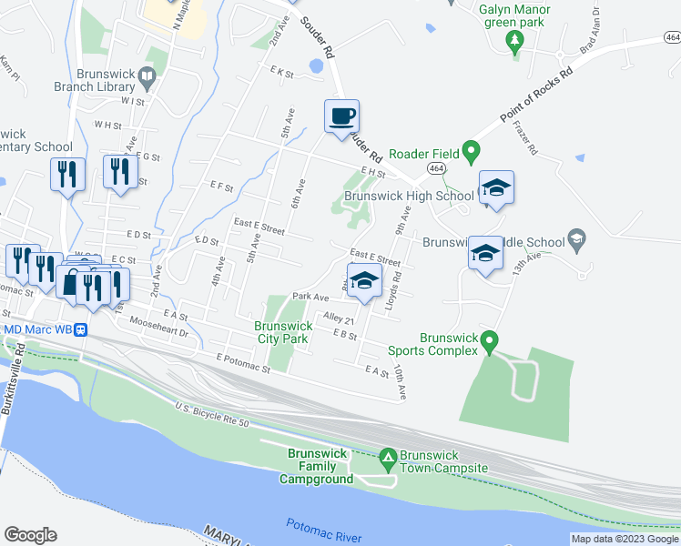 map of restaurants, bars, coffee shops, grocery stores, and more near 729 East D Street in Brunswick