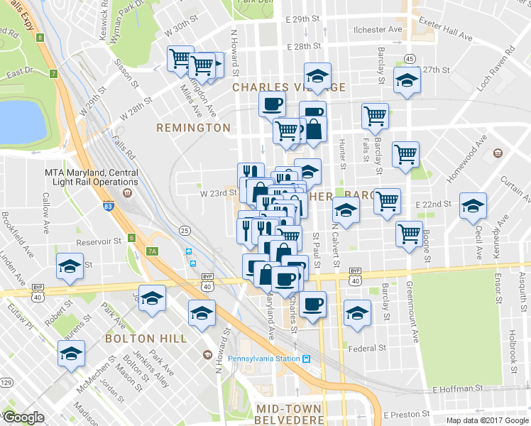 map of restaurants, bars, coffee shops, grocery stores, and more near Maryland Avenue & West 22nd Street in Baltimore
