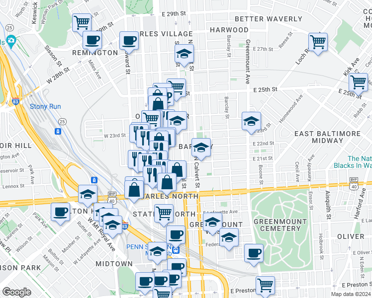 map of restaurants, bars, coffee shops, grocery stores, and more near 2129 Saint Paul Street in Baltimore