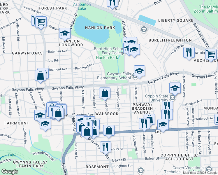 map of restaurants, bars, coffee shops, grocery stores, and more near 2931 Gwynns Falls Parkway in Baltimore
