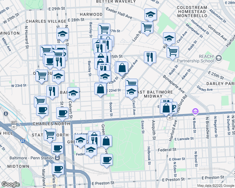 map of restaurants, bars, coffee shops, grocery stores, and more near 2110 Homewood Avenue in Baltimore