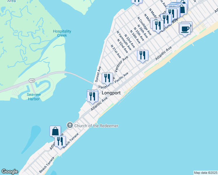 map of restaurants, bars, coffee shops, grocery stores, and more near 2804 Pacific Avenue in Longport