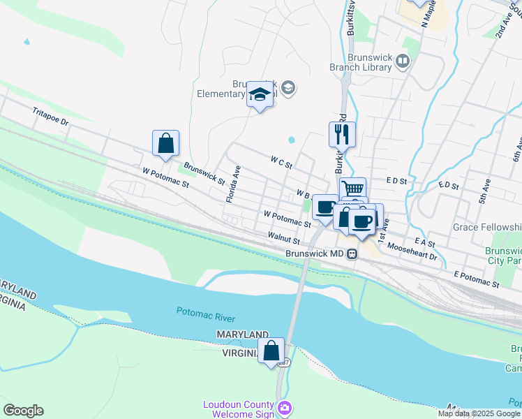 map of restaurants, bars, coffee shops, grocery stores, and more near 419 West Potomac Street in Brunswick
