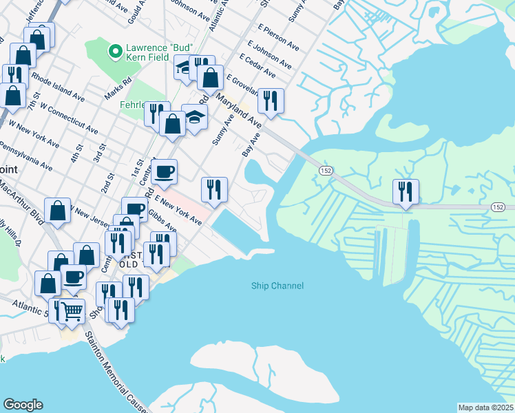 map of restaurants, bars, coffee shops, grocery stores, and more near 1209 Merit Marine Road in Somers Point