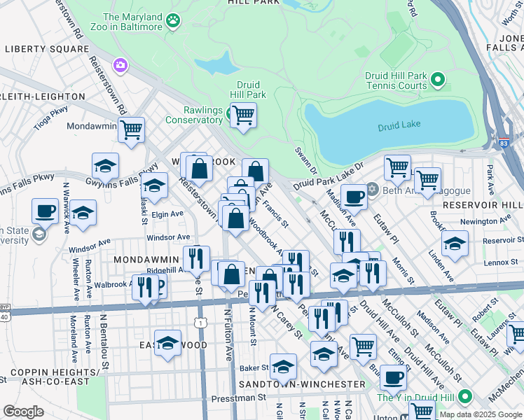 map of restaurants, bars, coffee shops, grocery stores, and more near 2235 North Fulton Avenue in Baltimore