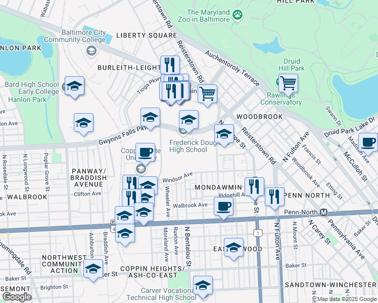 map of restaurants, bars, coffee shops, grocery stores, and more near 2301 Gwynns Falls Parkway in Baltimore