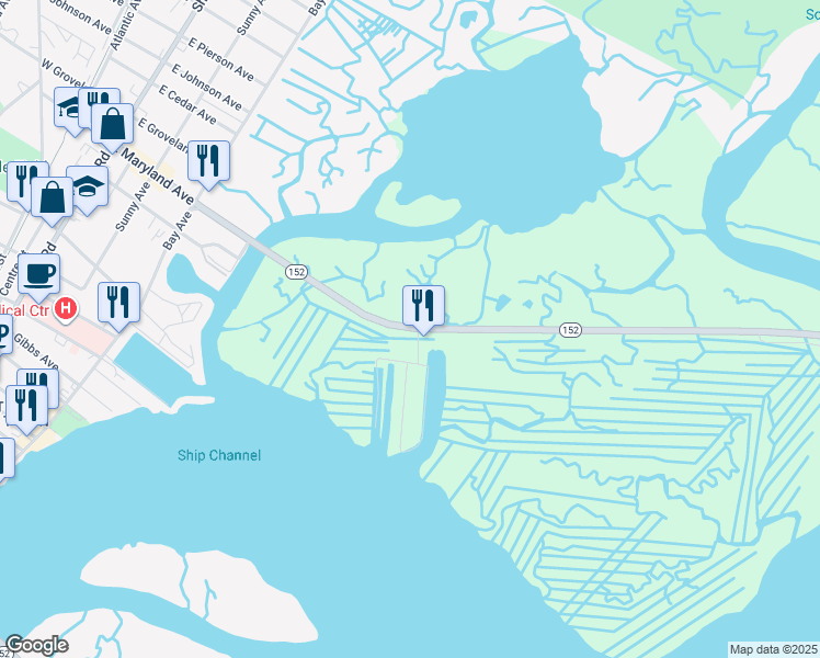 map of restaurants, bars, coffee shops, grocery stores, and more near 105 Somers Point Longport Boulevard in Somers Point