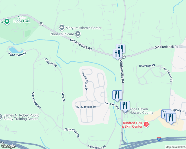 map of restaurants, bars, coffee shops, grocery stores, and more near 2579 Sophia Chase Drive in Marriottsville