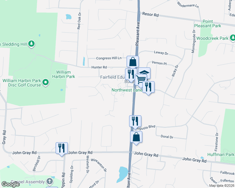 map of restaurants, bars, coffee shops, grocery stores, and more near 1555 Gelhot Drive in Fairfield