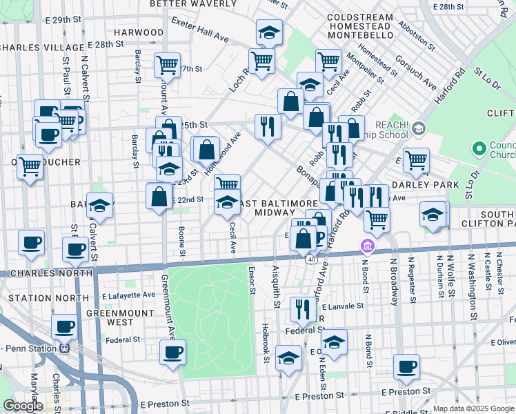 map of restaurants, bars, coffee shops, grocery stores, and more near 2054 Kennedy Avenue in Baltimore