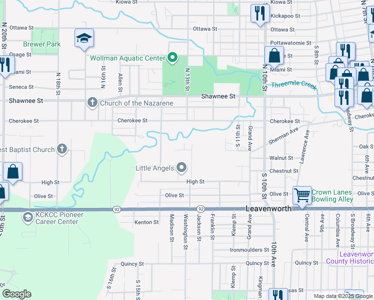 map of restaurants, bars, coffee shops, grocery stores, and more near 1375 Sherman Avenue in Leavenworth