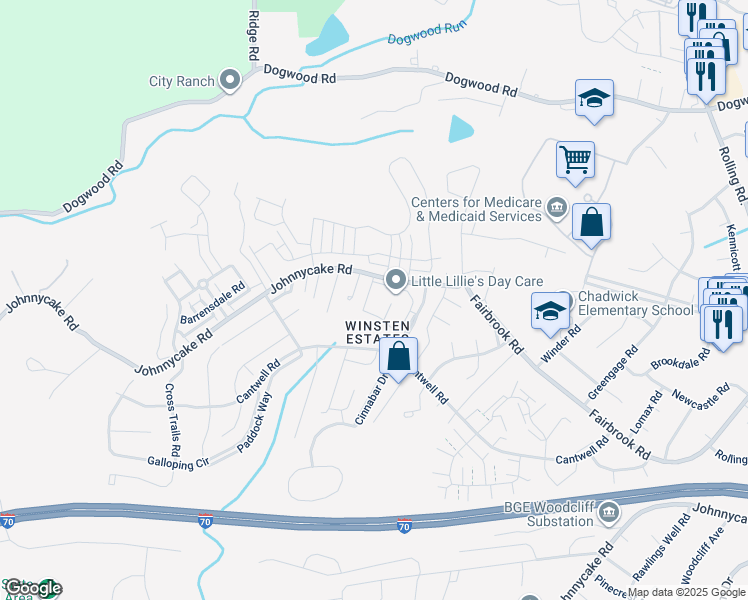 map of restaurants, bars, coffee shops, grocery stores, and more near 7655 Gladstone Road in Baltimore