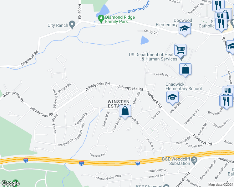 map of restaurants, bars, coffee shops, grocery stores, and more near 7655 Gladstone Road in Baltimore