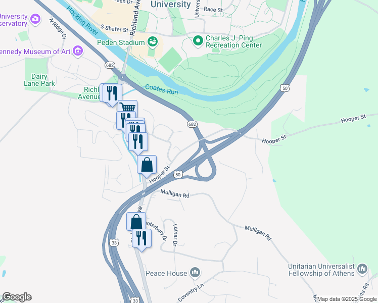 map of restaurants, bars, coffee shops, grocery stores, and more near 41 Hooper Street in Athens