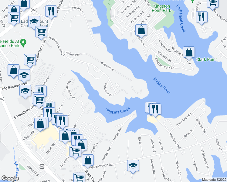 map of restaurants, bars, coffee shops, grocery stores, and more near 1715 Newport Circle in Essex
